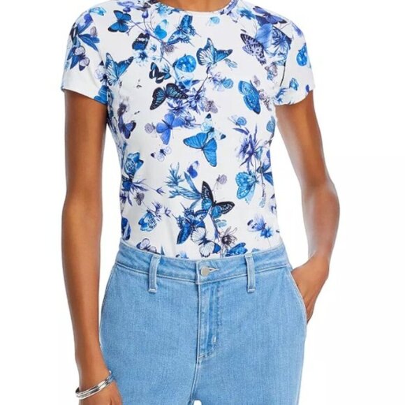NEW L'AGENCE ressi short sleeve tee in white blue tonal butterflies Size XS - Picture 3 of 6